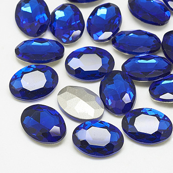 Pointed Back Glass Rhinestone Cabochons, Back Plated, Faceted, Oval, Sapphire, 12x10x5mm