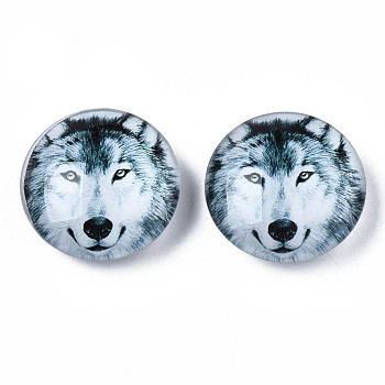 Glass Paper Snap Buttons, with Plastic & Iron Snap Caps, Garment Buttons, Flat Round with Animal, Wolf Pattern, 35x13~14mm