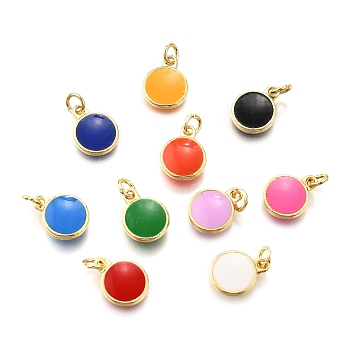 Brass Enamel Charms, with Jump Ring, Flat Round Charm, Rack Plating, Cadmium Free & Lead Free, Long-Lasting Plated, Golden, Mixed Color, 10x8x2mm, Hole: 2.6mm