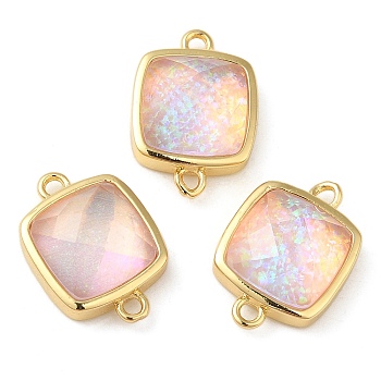 Synthetic Opal Connector Charms, Rack Plating Brass Square Links, Golden, Pink, 16x11x5mm, Hole: 1.4mm