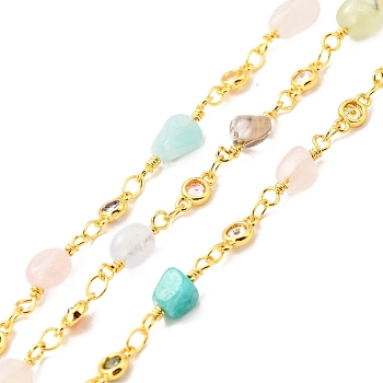 Rack Plating Brass Flat Round Link Chains, with Clear Cubic Zirconia and Natural Mixed Gemstone Nuggets Beaded, Long-Lasting Plated, Unwelded, with Spool, Cadmium Free & Lead Free, Golden, 8x4mm, 14~16x5~7mm