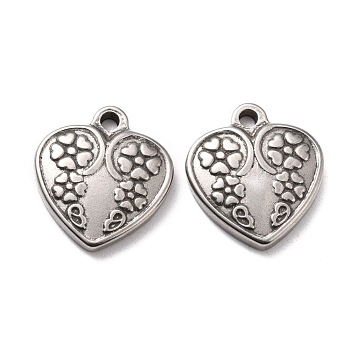 304 Stainless Steel Pendants Cabochons for Enamel, Heart with Flower, Stainless Steel Color, 17x15x3mm, Hole: 1.6mm