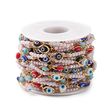304 Stainless Steel Resin Evil Eye Link Chains with ABS Imitation Pearl Beads(CHS-P016-33G)-4