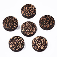 Painted Natural Wood Beads, Laser Engraved Pattern, Flat Round with Leopard Print, Coconut Brown, 15x4.5mm, Hole: 1.5mm(X-WOOD-T021-49A-07)