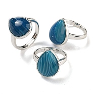 Natural Banded Agate Teardrop Adjustable Rings, Lead Free & Cadmium Free, Silver Plated Brass Finger Rings for Women Men, Teardrop: 18.5x14mm, Inner Diameter: 18mm(RJEW-K371-08S-10)