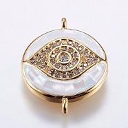 Brass Micro Pave Cubic Zirconia Links, with White Shell, Eye, Golden, 20.5x16x4mm, Hole: 1mm(ZIRC-F077-11G)