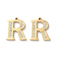 Real 14K Gold Plated 304 Stainless Steel Pendants, with Rhinestone, Letter R, 18.5x15.5x2mm, Hole: 1.2mm(STAS-L022-157G-R)