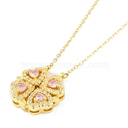 Brass Pave Cubic Zirconia Heart Clover Pendant Necklaces, Ion Plating(IP) Golden Tone 304 Stainless Steel Cable Chain Necklaces for Women, Pink, 16.73 inch(42.5cm)(NJEW-K276-01G-02)