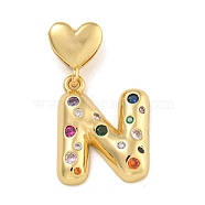 Brass Micro Pave Cubic Zirconia European Dangle Charms, Real 18K Gold Plated, Letter N, 30mm, Hole: 6x3mm, pendant: 21x16.5x4mm(KK-P281-01G-N)