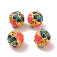 Hollow Alloy Beads, with Enamel, Rondelle with Flower, Matte Gold Color, Teal, 14x13mm, Hole: 2.5mm(ENAM-L039-20MG-05)