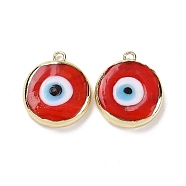 Handmade Lampwork Pendants, with Golden Plated Brass Findings, Cadmium Free & Lead Free, Flat Round with Evil Eye, Red, 21x18x4.5mm, Hole: 1.6mm(LAMP-P057-03G-03)