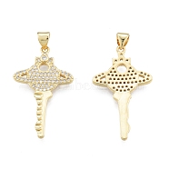 Brass Micro Pave Clear Cubic Zirconia Pendants, Planet Key, Real 18K Gold Plated, 32x19x2mm, Hole: 3.5x4mm(KK-G431-21G)