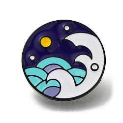 Mountain Scenery Series Enamel Pins, Round Black Alloy Brooch, Wave, 26mm(JEWB-Z030-04E)