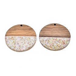 Epoxy Resin & Walnut Wood Pendants, with Paillette/Sequin, Flat Round, Dark Salmon, 38x3.5mm, Hole: 2mm(RESI-T057-10B)