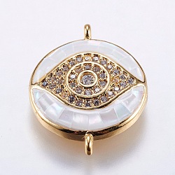 Brass Micro Pave Cubic Zirconia Links, with White Shell, Eye, Golden, 20.5x16x4mm, Hole: 1mm(ZIRC-F077-11G)