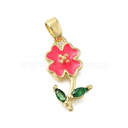 Brass Micro Pave Cubic Zirconia Pendants, with Enamel, Long-Lasting Plated, Lead Free & Cadmium Free, Flower Charm, Real 18K Gold Plated, Rack Plating, Crimson, 18x9x3.5mm, Hole: 4x2.5mm(KK-V002-24G-03)