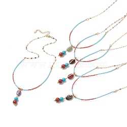 5Pcs 5 Style Natural & Synthetic Mixed Gemstone Oval Pendant Necklaces Set, Glass Seed Beaded Stackable Necklaces with Brass Dapped Chains for Women, 17.72 inch(45cm), 1Pc/style(NJEW-JN04123)