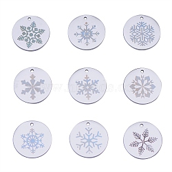 9 Pcs Christmas 304 Stainless Steel Pendants, Flat Round with Snowflake, Stainless Steel Color, 20mm(STAS-CJ0001-147)