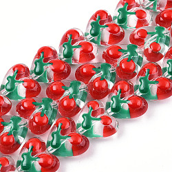 Transparent Acrylic Beads Strands, with Enamel, Heart with Cherry, Green, 15x17x8.5mm, Hole: 1.5mm, about 35pcs/strand, 19.09 inch(48.5cm)(ACRC-T011-06A)