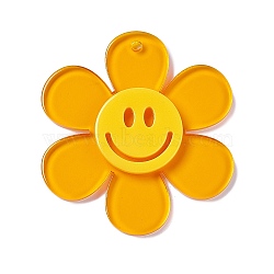 Transparent Acrylic Big Pendants, Sunflower with Smiling Face Charm, Orange, 55x50.5x6mm, Hole: 2.5mm(OACR-P012-A01)