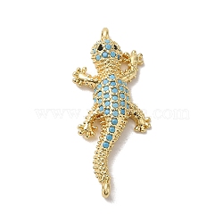 Rack Plating Brass Micro Pave Turquoise Color Cubic Zirconia Connector Charms, Gecko Links, Long-Lasting Plated, Lead Free & Cadmium Free, Real 18K Gold Plated, 33x14x4.5mm, Hole: 1.2mm(KK-K377-54G)