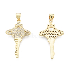 Brass Micro Pave Clear Cubic Zirconia Pendants, Planet Key, Real 18K Gold Plated, 32x19x2mm, Hole: 3.5x4mm(KK-G431-21G)