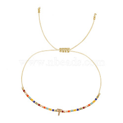 Bohemian Style Brass Charm Bracelets, Glass Seed Bead Braided Bead Bracelets for Women, Letter, Golden, Letter T, 11.02 inch(28cm)(JG3497-20)