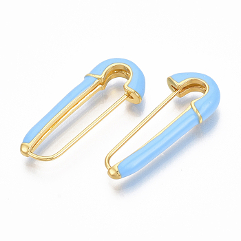 Brass Enamel Safety Pins Earrings, Real 18K Gold Plated, Nickel Free, Sky Blue, 28x12x4mm, Pin: 1mm