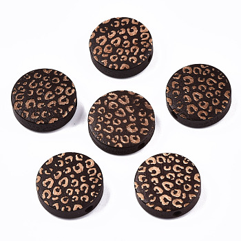 Painted Natural Wood Beads, Laser Engraved Pattern, Flat Round with Leopard Print, Coconut Brown, 15x4.5mm, Hole: 1.5mm
