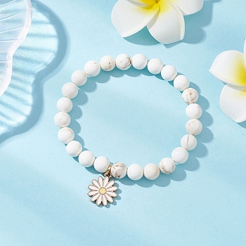 Daisy Alloy Enamel Charm Bracelets, Natural Magnesite Round Beads Stretch Bracelets for Women, Inner Diameter: 2-1/4 inch(5.85cm)