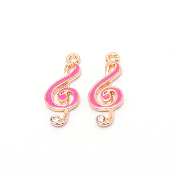 Alloy Enamel Pendants, with Crystal Rhinestone, Musical Note, Golden, Hot Pink, 22x9x2mm, Hole: 1.5mm