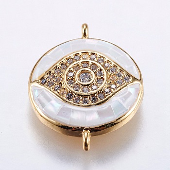 Brass Micro Pave Cubic Zirconia Links, with White Shell, Eye, Golden, 20.5x16x4mm, Hole: 1mm