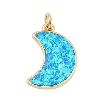 Moon Brass Pendants, with Synthetic Opal, Long-Lasting Plated, Rack Plating, Lead Free & Cadmium Free, Deep Sky Blue, Real 18K Gold Plated, 19x13x2.5mm, Hole: 3mm