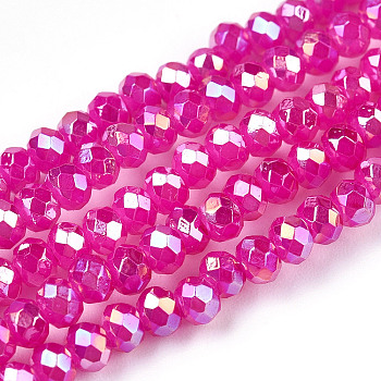 Baking Painted Glass Beads Strands, Imitation Jade, Faceted, AB Color Plated, Rondelle, Fuchsia, 3x2.5mm, Hole: 0.8mm, about 158~160pcs/strand, 14.76~14.96 inch(37.5~38cm)