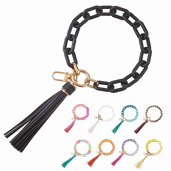 Chain Link Wristlet Keychain, Acrylic Bracelet Tassel Keychain, with Alloy Findings, Black, 29cm