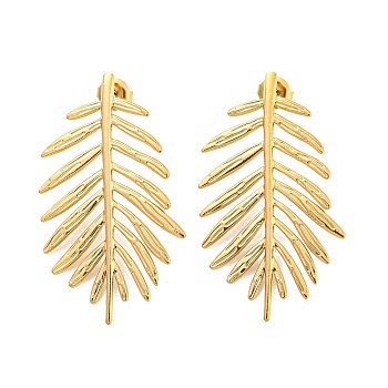 304 Stainless Steel Stud Earring for Women, Leaf, Real 14K Gold Plated, 45.5x27mm