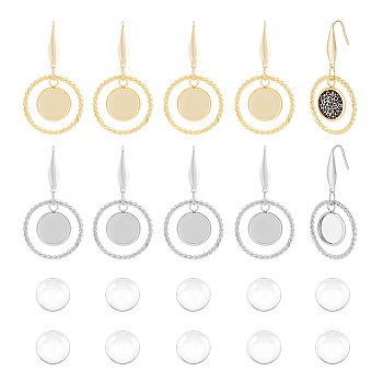 12 Pair 2 Color Glass Blank Dome Dangle Earrings, Ring with Flat Round 304 Stainless Steel Earrings with 316 Stainless Steel Pins, Golden & Stainless Steel Color, 46mm, Pin: 0.7mm, 6 Pairs/color