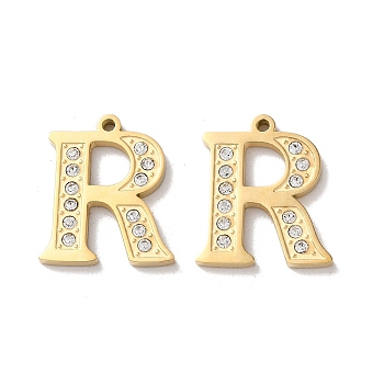 Real 14K Gold Plated 304 Stainless Steel Pendants, with Rhinestone, Letter R, 18.5x15.5x2mm, Hole: 1.2mm