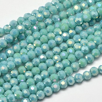 Faceted Round Full Rainbow Plated Electroplate Glass Beads Strands, Turquoise, 4mm, Hole: 1mm, about 90~95pcs/strand, 12.8~13.6 inch(32~34cm)