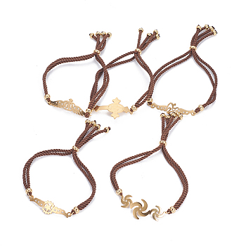 Adjustable Nylon Cord Bolo Bracelets, Slider Bracelets, Box Chains, with 304 Stainless Steel Rhinestone Findings, Mixed Shapes, Golden, Coconut Brown, 8-7/8 inch~9-1/2 inch(22.5~24cm), 4~5mm