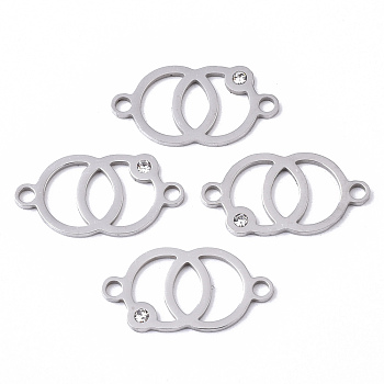 201 Stainless Steel Links Connectors, with Crystal Rhinestone, Laser Cut, Ring with Ring, Stainless Steel Color, 20x10x1mm, Hole: 1.8mm