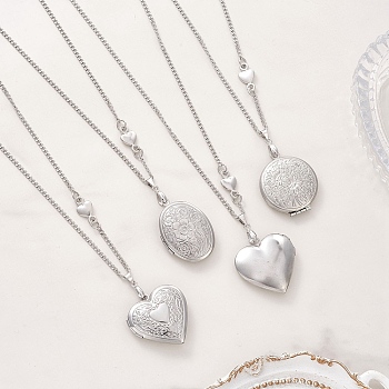 316 Stainless Steel Heart Oval Flat Round Locket Pendant 304 Stainless Steel Twisted Chain Necklaces, Mixed Shapes, Non-Tarnish, Stainless Steel Color, 17.72 inch(45cm)
