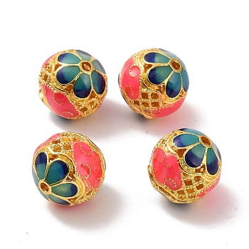 Hollow Alloy Beads, with Enamel, Rondelle with Flower, Matte Gold Color, Teal, 14x13mm, Hole: 2.5mm