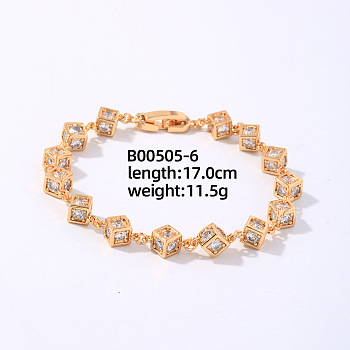 Brass Rhinestone Cube Link Bracelets for Women, Golden 7-1/2 inch(19cm)