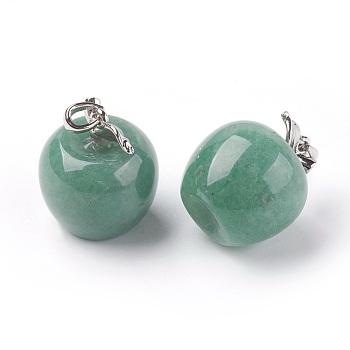Natural Green Aventurine Pendants, with Alloy Finding, Apple, Platinum, 23x20mm, Hole: 2.5x5mm