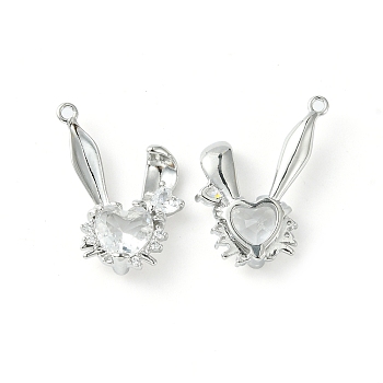 Brass Micro Pave Cubic Zirconia Pendants, Rabbit Head Charm, Real Platinum Plated, Clear, 24x20.5x5mm, Hole: 1.5mm