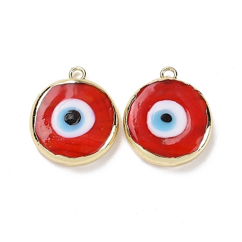 Handmade Lampwork Pendants, with Golden Plated Brass Findings, Cadmium Free & Lead Free, Flat Round with Evil Eye, Red, 21x18x4.5mm, Hole: 1.6mm