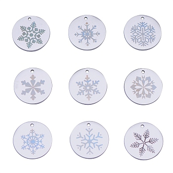 9 Pcs Christmas 304 Stainless Steel Pendants, Flat Round with Snowflake, Stainless Steel Color, 20mm