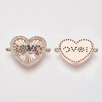 Brass Micro Pave Cubic Zirconia Links connectors, for Valentine's Day Jewelry, Heart with Word LOVE, Colorful, Real Rose Gold Plated, 18x24.5x2.5mm, Hole: 1.2mm