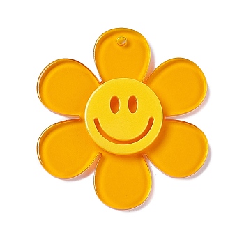 Transparent Acrylic Big Pendants, Sunflower with Smiling Face Charm, Orange, 55x50.5x6mm, Hole: 2.5mm